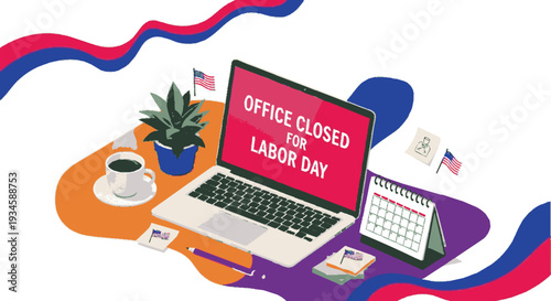 Office desk with laptop closed for labor day calendar coffee and plant on colorful background