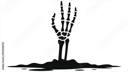 Creepy skeleton hand rising from the grave silhouette vector. Undead zombie arm emerging from dirt ground. Spooky Halloween horror illustration isolated on white background for spooky graphic design.