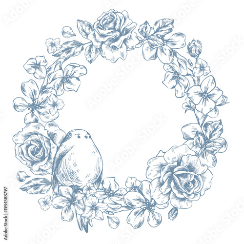A classic wreath of roses and apple blossoms with a bird. Hand-drawn graphic illustration with ink line art. A round frame with text template for decor and design for spring holidays and weddings.