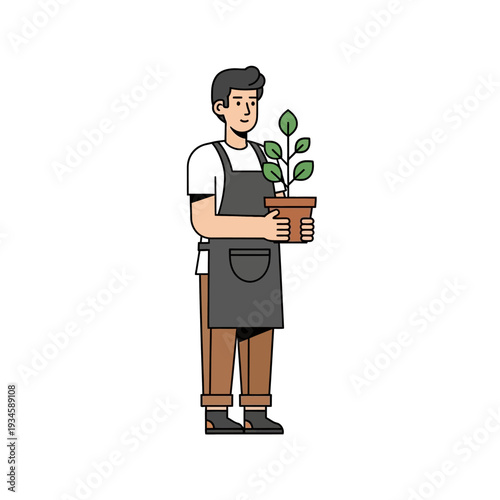Gardener holding potted plant in flat cartoon style with bright green leaves and warm lighting for gardening website