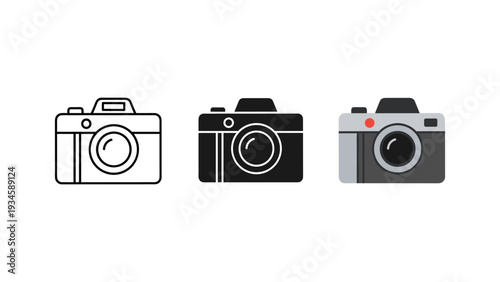 Three vintage film cameras flat lay minimalist design black white gray photography equipment icons set isolated