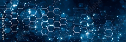A futuristic blue honeycomb network design with shining cells and data flow
