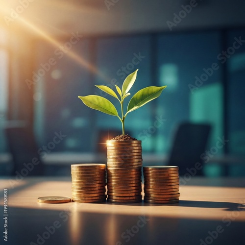 Sustainable Business Growth and Investment Success Concept – Young Plant Growing from Stack of Gold Coins