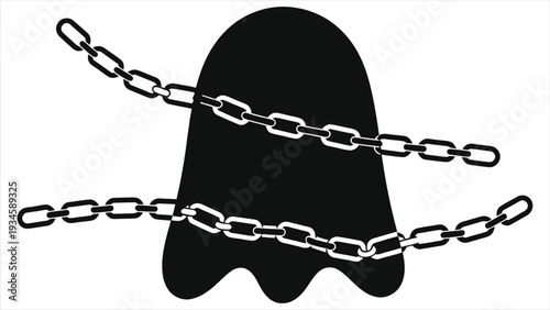 Spooky Ghost with Chains Vector Illustration – Creepy Halloween Spirit Silhouette in Dark Minimal Style, Haunted Phantom Character Isolated on White Background for Horror Design, Decor