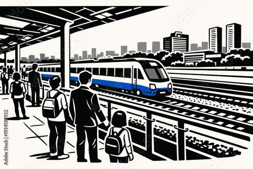 Passengers on Railway Platform. Passengers waiting for train at city station.