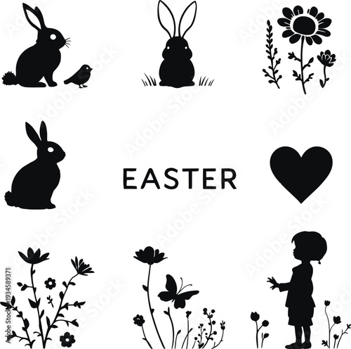 Silhouette vector illustration with rabbits flowers bird butterfly child heart spring easter celebration nature joy innocence and charm
