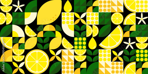 Modern bauhaus lemon pattern on black background, abstract yellow citrus fruit shapes and green leaves, geometric dark vector banner