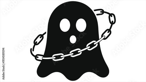 Scary Ghost Silhouette with Metal Chains Vector Illustration - Creepy Halloween Spirit, Haunted Soul, Horror Element for Spooky Design, Paranormal Phantom Icon, Flat Black Terror Character Graphic