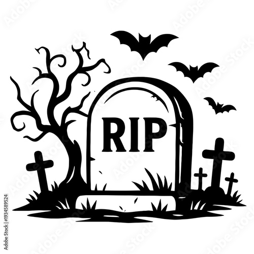 Spooky Halloween Graveyard Scene with Dead Tree, Flying Bats, and RIP Tombstone. Haunted Cemetery Landscape Vector Illustration. Eerie Horror Graphic for Seasonal Holiday Decorations and Design.