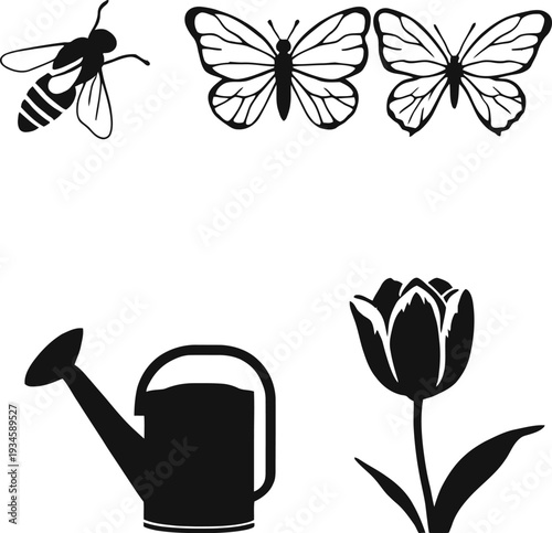 Nature vector illustration with bee butterflies watering can tulip flower garden insects plants environment growth harmony and life