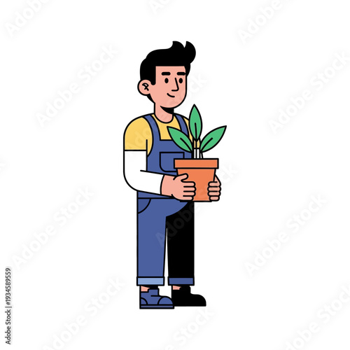 Gardener holding potted plant in flat cartoon style with bright colorful lighting for gardening website