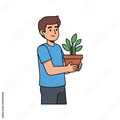 Man holding potted plant in simple flat illustration style with bright colors on white background for gardening website