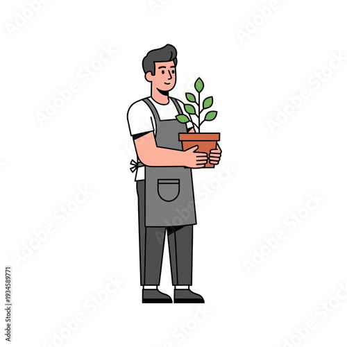 Gardener holding potted plant in flat design style with bright green leaves in warm terracotta pot for gardening website