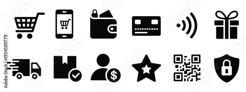 Black E-Commerce & Online Shopping Icon Set – Payment, Delivery, Security, Customer Rating, Minimalist Glyphs.