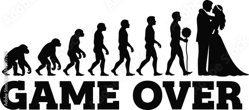 Human evolution from ape to couple kissing with game over text monkey