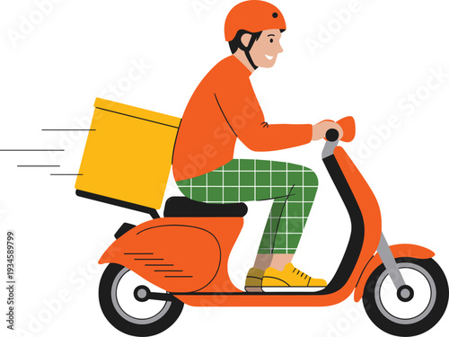 Cartoon delivery driver riding orange scooter with helmet and rear box, vector illustration representing modern food and parcel delivery services