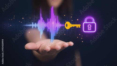 Woman hand with sound wave key and lock icons floating above  concept of secure audio access