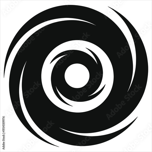 Minimalist black poltergeist energy spiral vector icon, abstract occult horror circular vortex shape, supernatural void swirl symbol, esoteric paranormal logo design isolated on plain white background