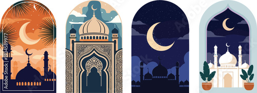 Islamic architecture with crescent moon and mosque silhouettes