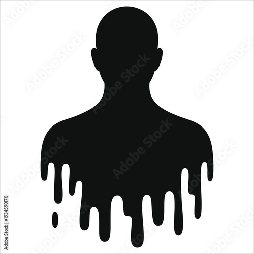 Minimalist melting shadow man silhouette, faceless horror ghost spirit. Abstract dissolving human figure, anxiety depression loneliness concept. Scary dark vector icon isolated on white background