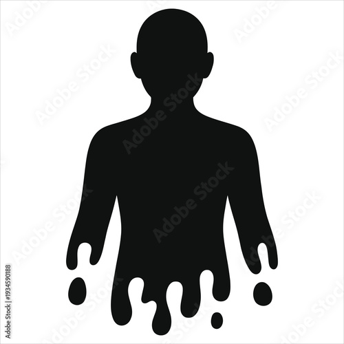 Melting faceless shadow man silhouette vector art, dripping black ghost spirit entity, spooky anonymous human profile, supernatural horror icon, halloween paranormal dark design asset for thriller