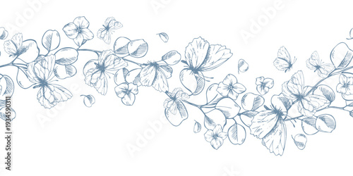 Eucalyptus branches with flowers and butterflies. Graphic illustration hand-drawn with ink line art. Seamless border pattern floral garland design for spring, summer holidays, and weddings.