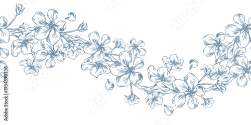Branches of a blossoming apple tree with flowers and buds. Graphic illustration hand-drawn with ink line art. Seamless border pattern floral garland design for spring, summer holidays, and weddings.