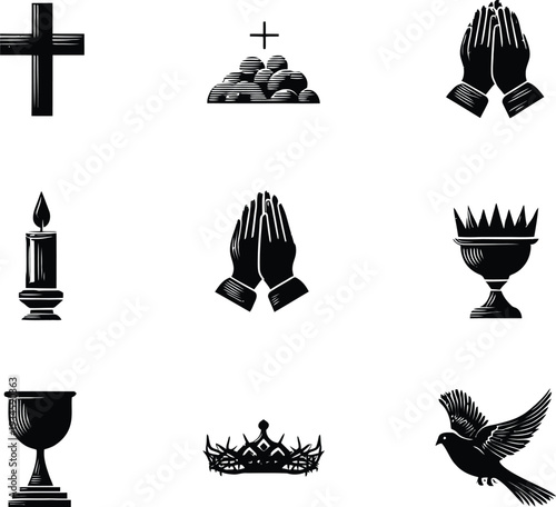 Sacred vector illustration with symbolic icons of cross prayer candle chalice crown dove spirituality devotion peace and harmony