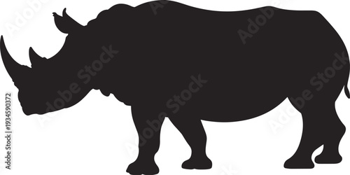 Rhinoceros silhouette, black rhino shape, wild animal icon, African wildlife, horned beast, nature symbol, endangered species, vector illustration