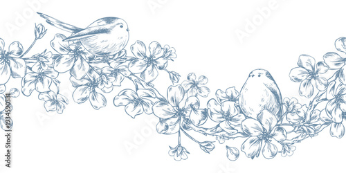 Apple blossom branches with birds. Hand-drawn ink line art graphic illustration. Seamless border pattern floral garland design for spring, summer holidays, and weddings.