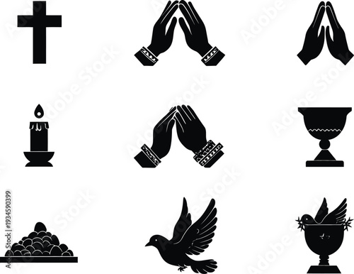 Spiritual vector illustration featuring symbolic icons of faith prayer peace candle dove chalice communion harmony and devotion