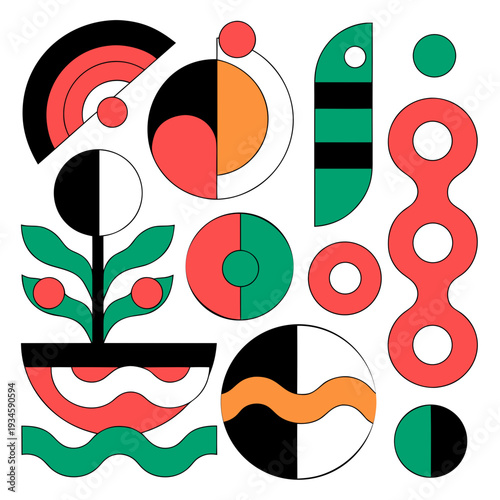 A colorful abstract illustration with various shapes and a potted plant