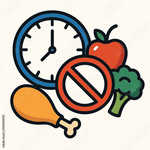 Flat lay illustration of a clock, forbidden sign, chicken leg, apple, and broccoli on a plain background, conveying a healthy eating and time management concept with a bold and colorful