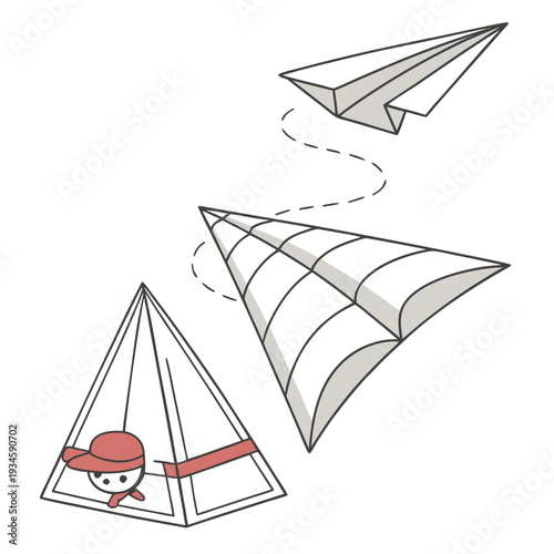 A cartoon character flying a homemade paper airplane