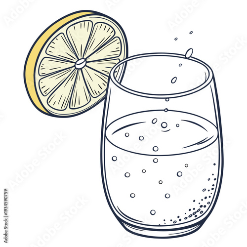 A glass of bubbly water with a slice of lemon