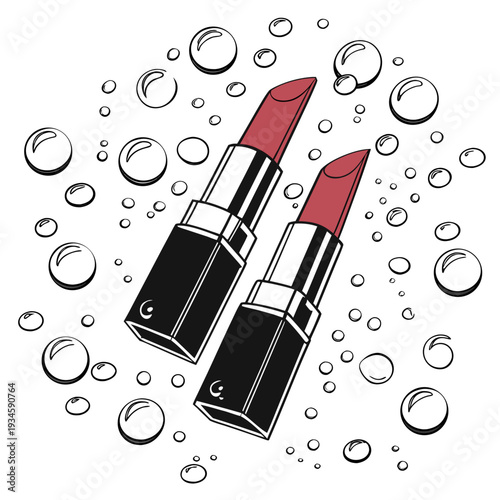 Two red lipsticks surrounded by water droplets