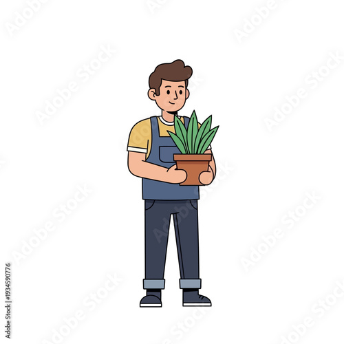 Gardener holding potted aloe vera in cartoon style with bright colors and simple texture for gardening website