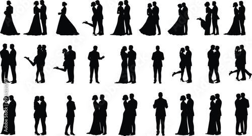 Romantic couple silhouettes, wedding poses, love and romance illustrations, elegant man and woman dancing, affectionate embrace clipart, kiss moments