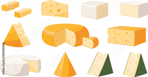 Cartoon Cheese Collection with Cheddar Brie Swiss Parmesan and Blue Cheese Dairy Vector Illustration Set