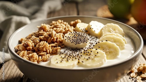 Close up of a bowl of granola with banana slices and chia seeds