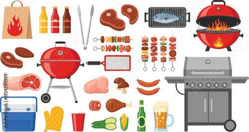 Cartoon Barbecue Grill Party Collection with Meat Skewers Sausages Beer Cooler and BBQ Equipment Vector Illustration