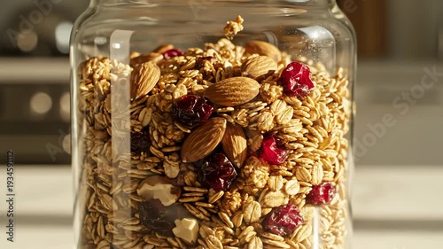 Granola in glass jar with wooden lid freshly made healthy food ingredient