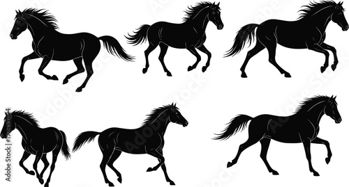 Running horse silhouette, galloping horse vector, black horse icon, dynamic animal pose, equine motion graphic, wild horse art, speed symbol