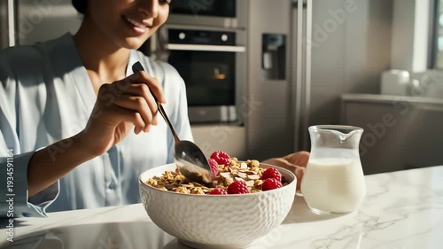 Woman pouring milk on breakfast cereal in bright kitchen