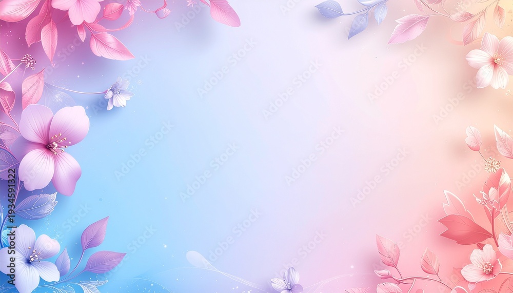 Obraz premium Soft Pastel Floral Frame Background with Delicate Blooming Flowers and Gentle Gradient Hues, Ideal for Spring Events, Invitations, or Elegant Web Designs