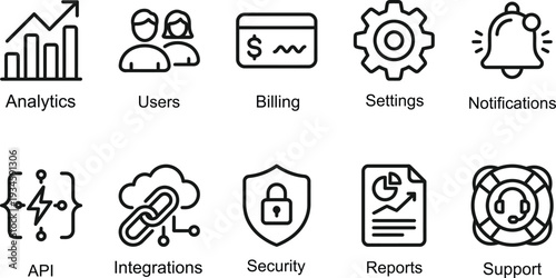 Professional minimalist dashboard icon set featuring analytics billing and security for modern website software designs