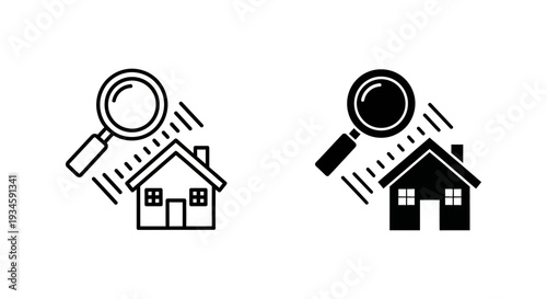 A simple black and white illustration of a house with a magnifying glass