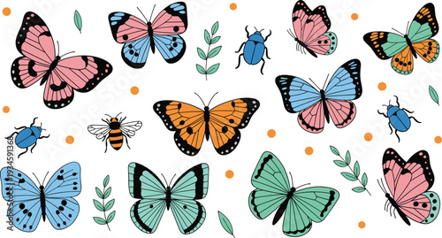 Colorful Butterfly and Insect Collection with Leaves Cute Cartoon Nature Vector Illustration Set