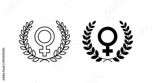 A black and white illustration of female symbols surrounded by laurel wreaths on a plain background