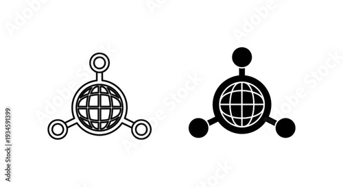 A black and white illustration of two globe icons with molecular structures on a plain background